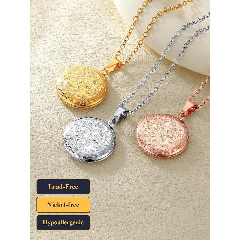 Locket Necklace for Women, Silver/Gold/Rose Gold Custom Photo Text Necklaces, Fl - Picture 4 of 9